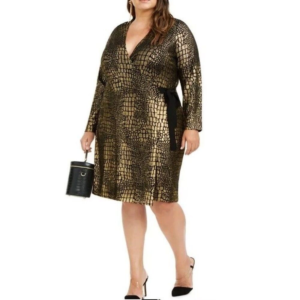 INC Womens Plus 1X Gold Black Metallic Snakeskin Tie Waist Wrap Dress NWT BI26